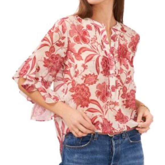 Vince Camuto Tops - Vince Camuto Red Flutter Sleeve Blouse with Mandarin Collar